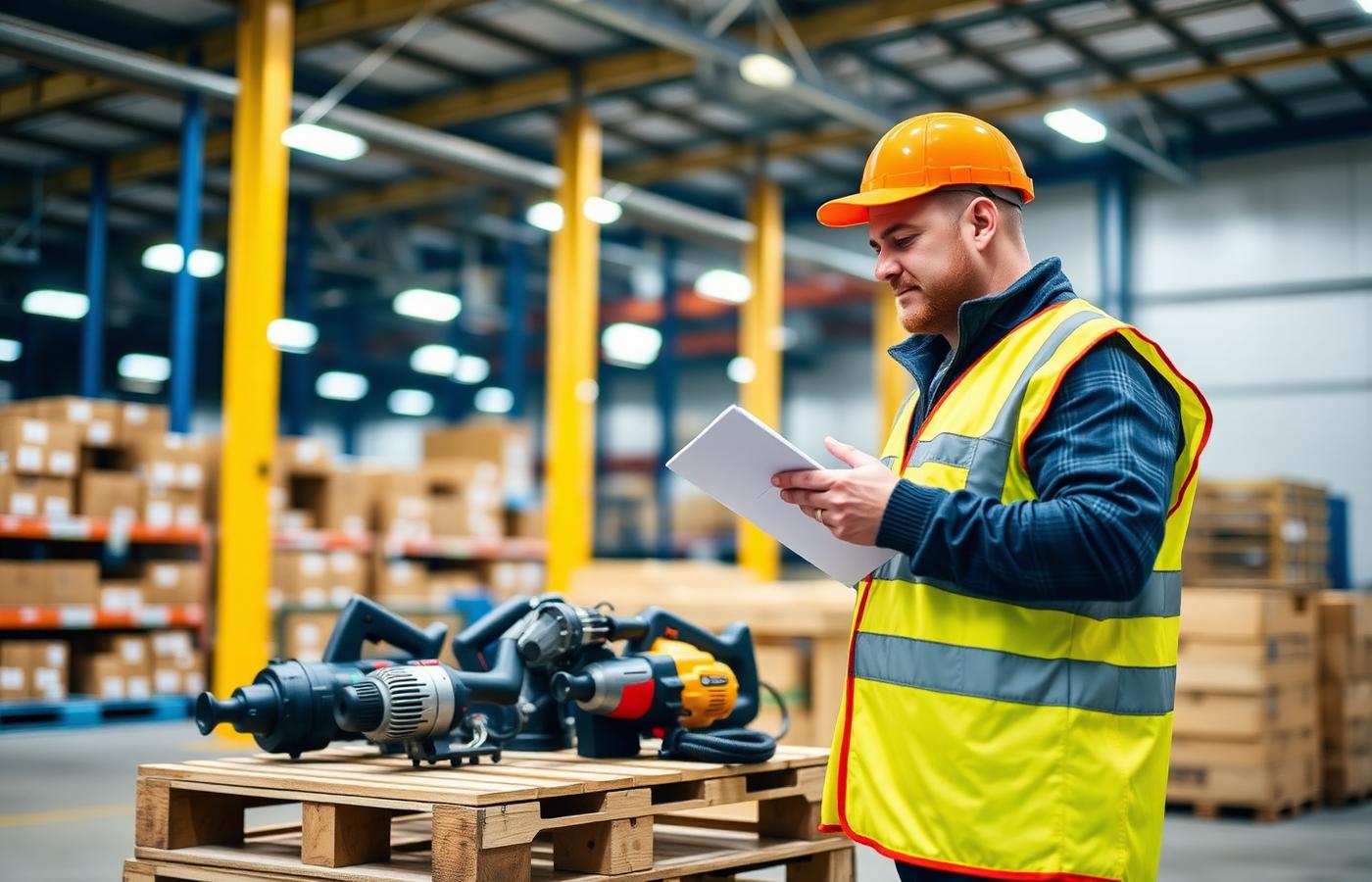Warehouse team inspecting power tools before export